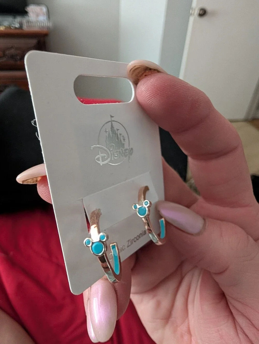 Disney Rose Gold Hoops with Turquoise Mickey Accents
